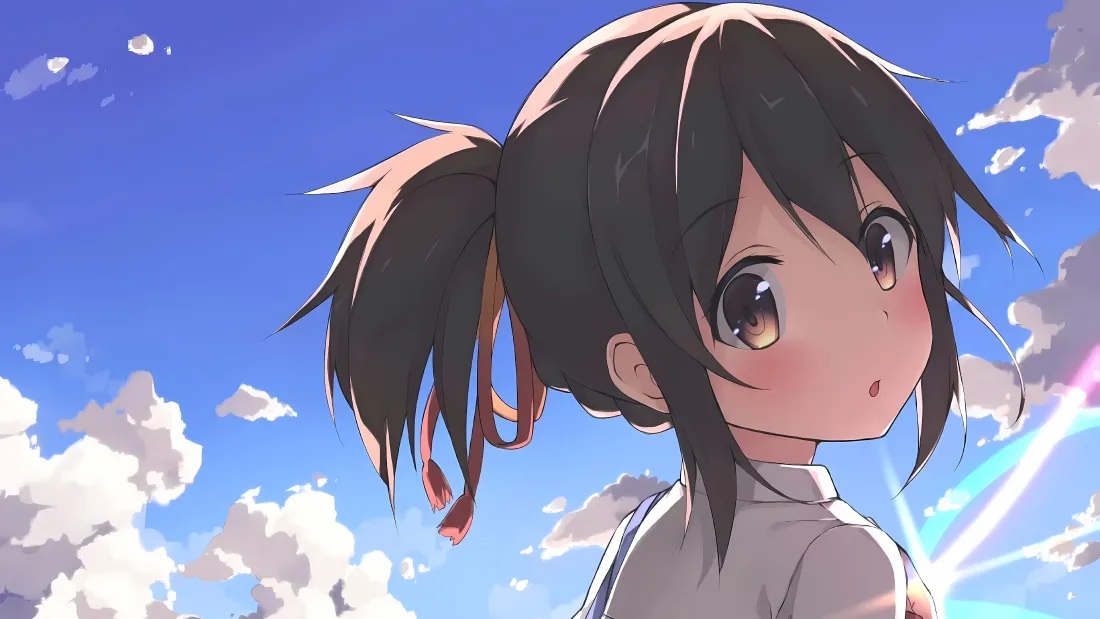 4k宫水三叶壁纸|晴空背景图片 - 你的名字马尾少女「哲风壁纸」 马尾少女宫水三叶回眸,背景是澄澈蓝天与蓬松白云,阳光洒落。