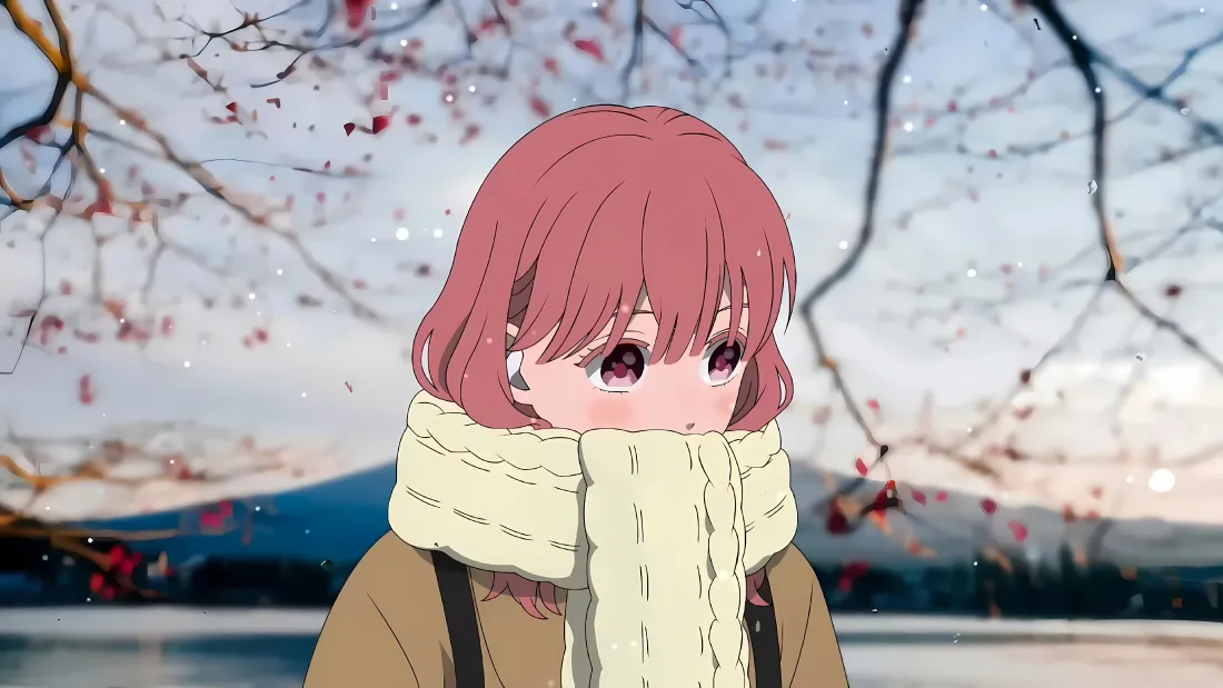 冬日飘雪的梅枝湖畔，粉发少女裹着米白围巾穿棕色外套伫立。