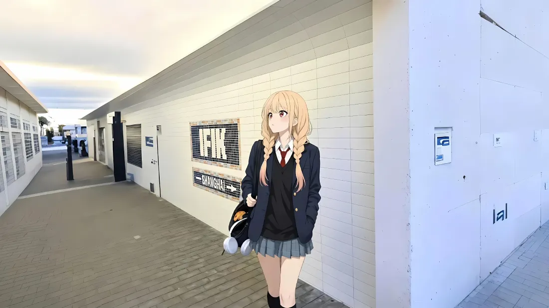 金发双麻花辫校服少女站在白色建筑走廊步道上，手持耳机望向远处