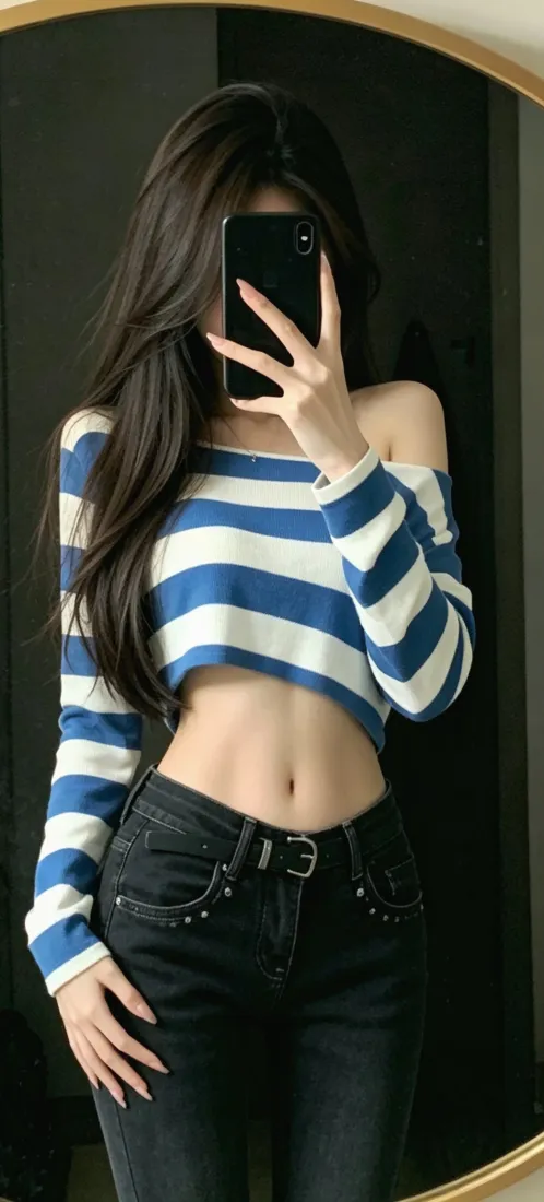 长发女子对镜自拍，穿蓝白条纹露肩短上衣与黑色牛仔裤，秀出腰腹线条。