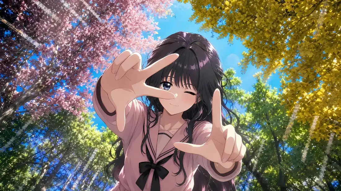 4k和栗薰子壁纸|花薰凛然背景图片 - 水手服少女林间比框「哲风壁纸」 黑发水手服少女在林间比框眨眼,四周环绕樱花与绿树蓝天