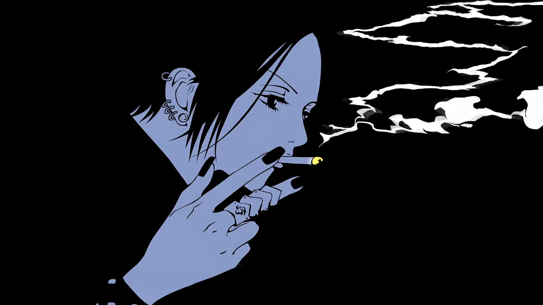 黑底冷调侧颜，大崎娜娜夹烟抽烟，白色烟雾向右侧飘散