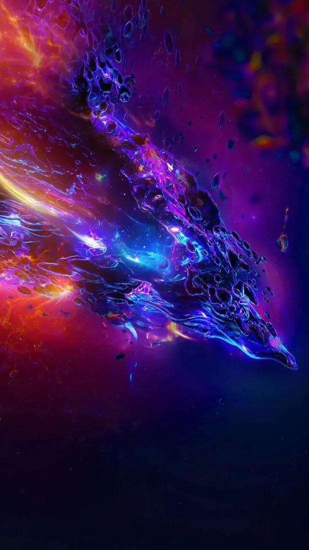 炫彩发光龙形光效穿梭于紫蓝红交织的梦幻星云背景中