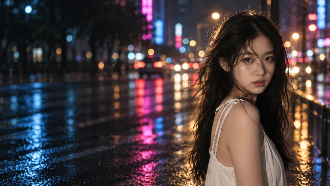 4k林一一壁纸|雨夜城市街景背景图片 - 白裙长发少女回眸「哲风壁纸」 雨夜城市街头,白裙长发少女回眸,霓虹光斑在湿地面形成彩色倒影。