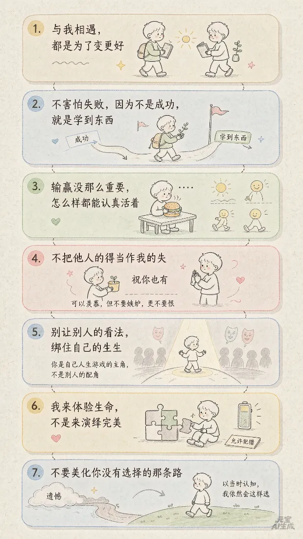 七段治愈人生感悟简笔插画，搭配卡通小人与暖心文字