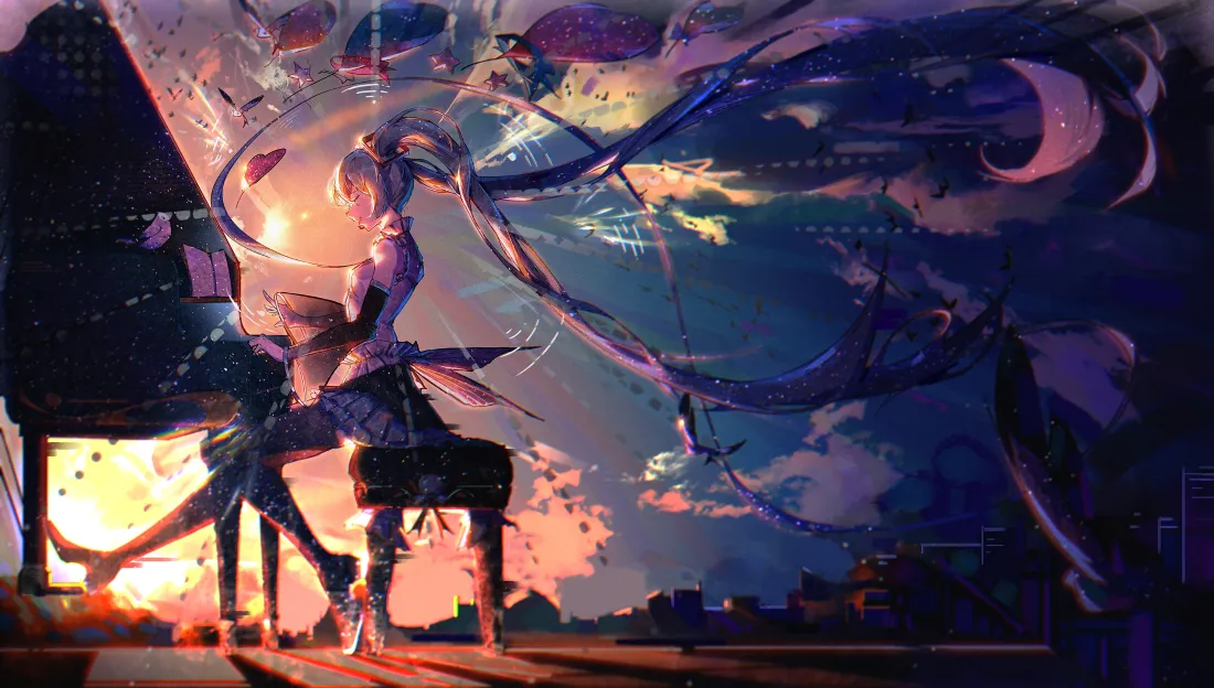 3k初音未来壁纸|梦幻钢琴背景图片 - 星空长发少女插画「哲风壁纸」 初音未来坐在三角钢琴前,长发飘向梦幻黄昏星空,氛围浪漫