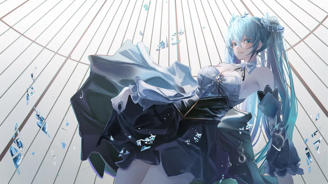 低角度仰视蓝发双马尾初音未来，身着蓝黑礼服，背景为放射线条与水晶碎片。