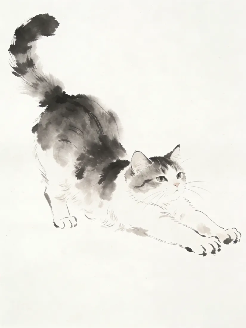 写意水墨国画，一只猫咪前伸懒腰，大面积留白，黑白晕染生动。