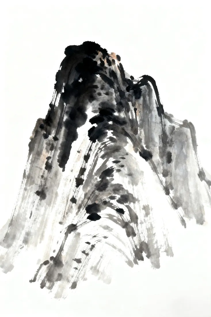 写意水墨山峰，黑白墨色晕染，大面积留白的国风传统国画