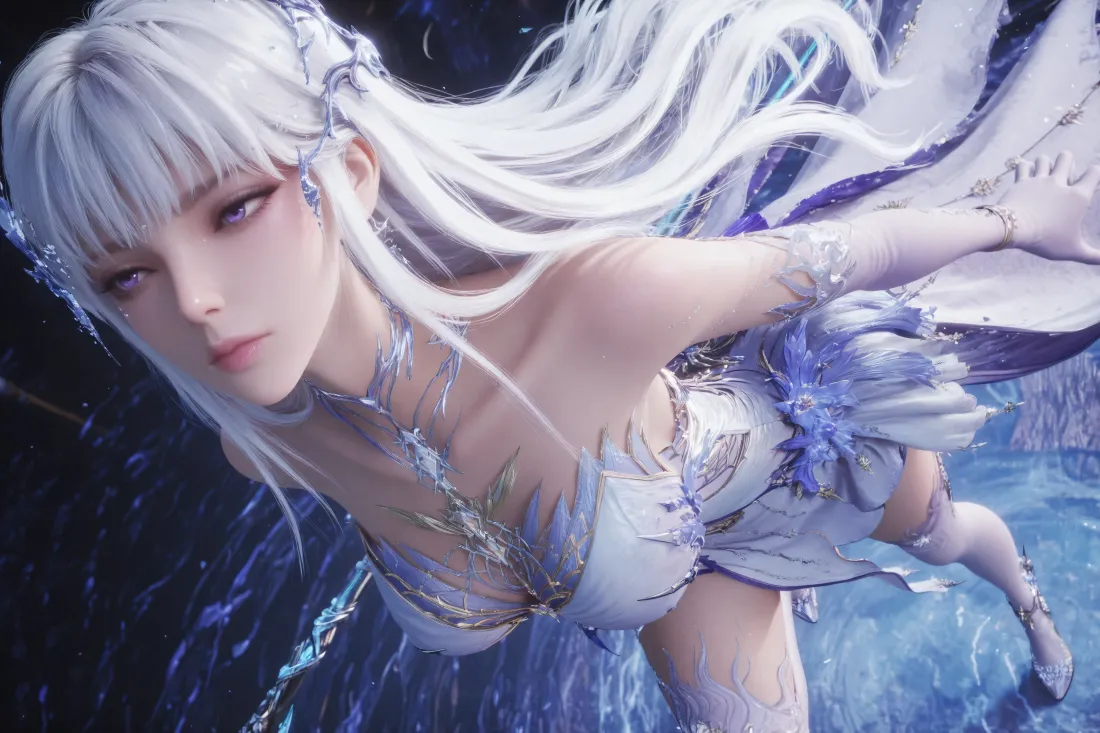 5k圣采儿壁纸|神印王座背景图片 - 白发清冷动漫少女「哲风壁纸」 白发紫瞳的圣采儿身着白裙,在蓝紫色冰晶特效中呈战斗姿态。