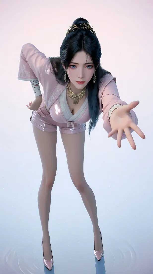粉衣高马尾3D国漫美女俯身伸手，渐变粉蓝背景。