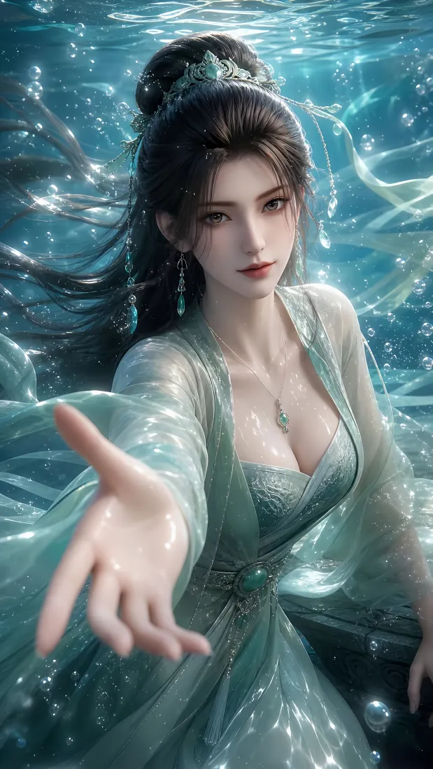 水下古风青衣女子伸手，气泡环绕，水神气质唯美