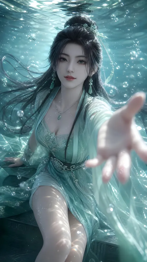 水下青裙古风女子向前伸手，发丝与衣袂随水流飘散，周身浮着气泡