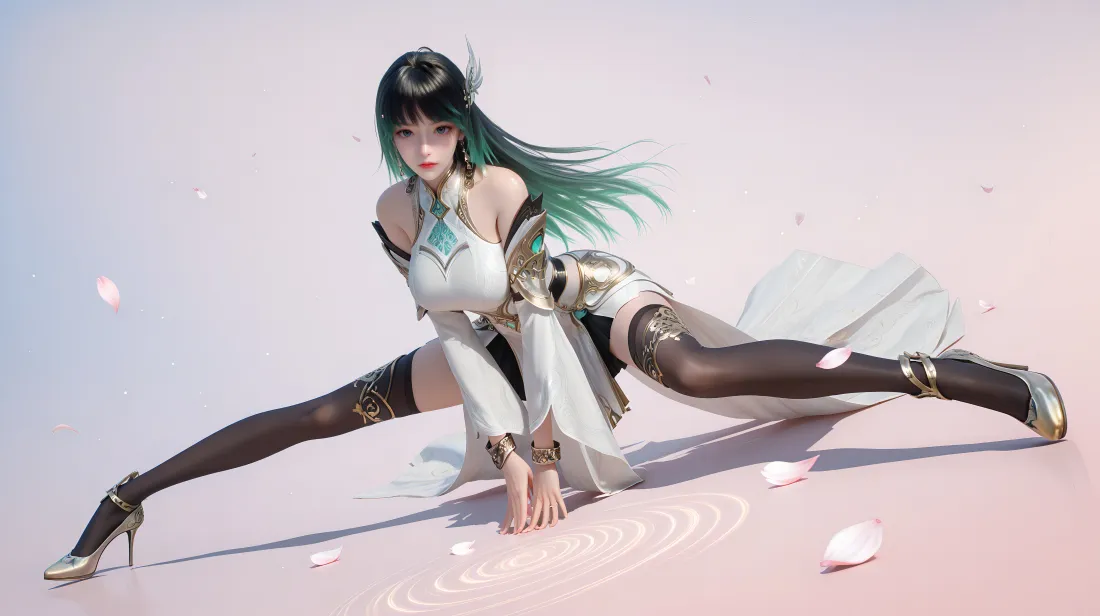绿发3D国漫女神林紫玥着白裙黑丝做一字马动作，背景粉蓝渐变，散落花瓣