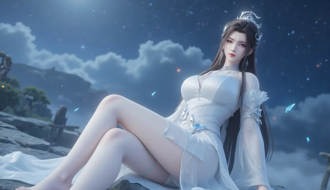 白衣仙侠女子陆雪琪坐于岩石上，夜空云间散落光蝶，仙气缥缈。