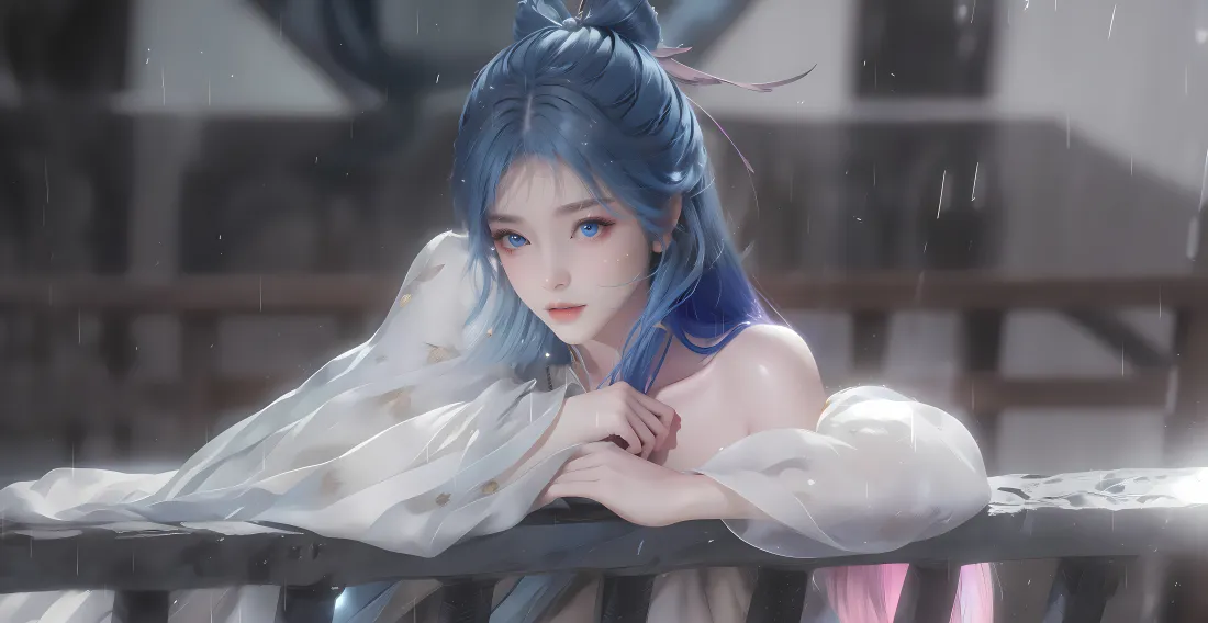 蓝发古风少女身着露肩白衣，在雨中凭栏倚靠，背景为虚化的古建。
