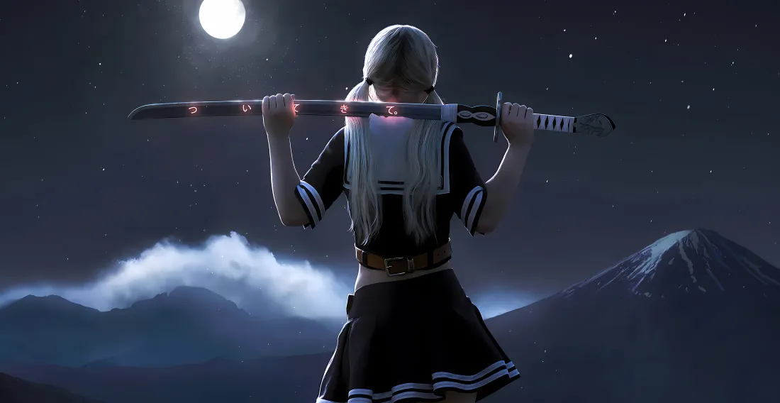 月夜雪山云海间，白发水手服少女背对镜头肩扛武士刀。