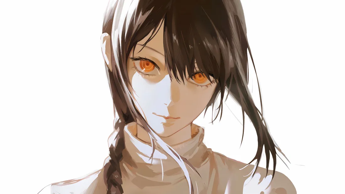 4k玛奇玛壁纸|橙瞳高领毛衣头像 - 电锯人二次元少女插画「哲风壁纸」 电锯人玛奇玛二次元插画,橙瞳麻花辫高领毛衣,纯白背景半身像