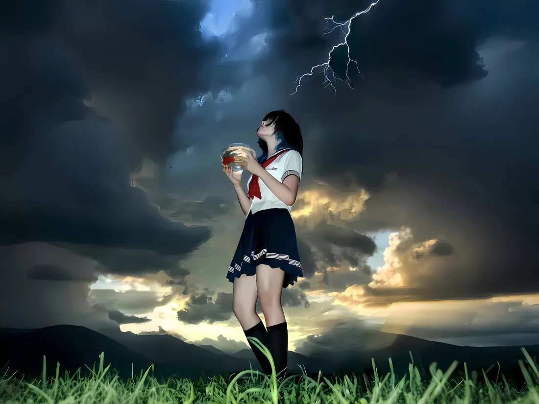 穿JK水手服的少女站在草地上，双手托着发光球体，身后是乌云闪电与黄昏霞光。