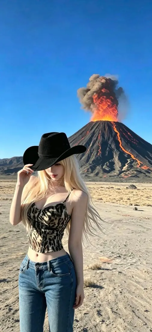 金发戴黑牛仔帽的女子站在荒漠中，身后是喷发的火山与蓝天。