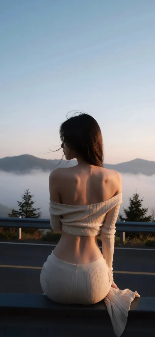 黄昏时分，露背白衣女子坐于山间公路护栏，背对镜头望向雾霭远山。