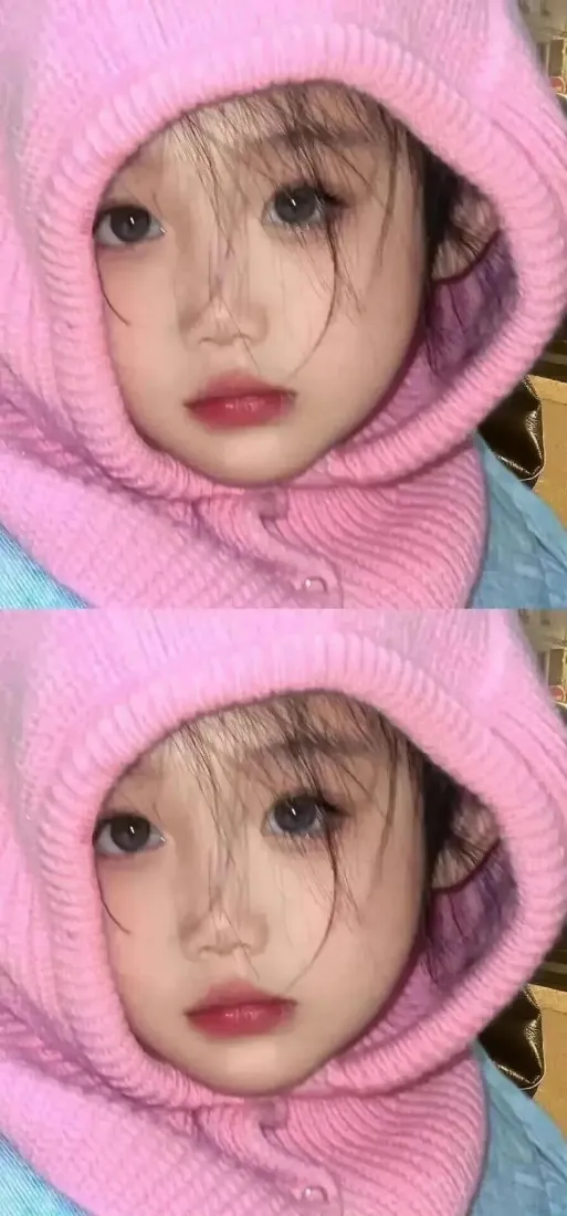 上下拼接的戴粉色针织连帽的幼态少女脸部特写，软萌可爱