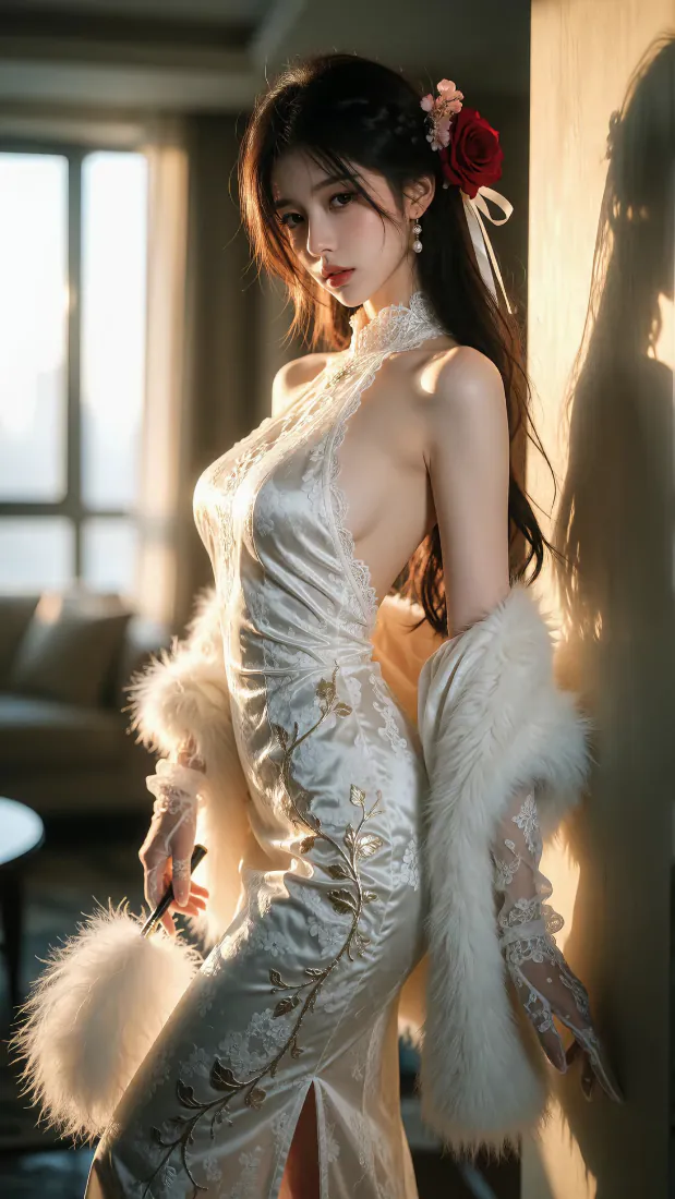 旗袍美女手机壁纸|暖光室内背景图片 - 白色露背旗袍长发写真「哲风壁纸」 旗袍美女手机壁纸|暖光室内背景图片 - 白色露背旗袍长发写真「哲风壁纸」