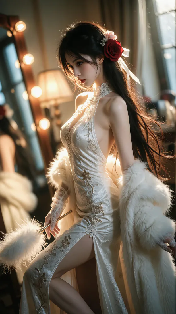 旗袍美女手机壁纸｜暖光背景图片 - 白色旗袍御姐写真「哲风壁纸」