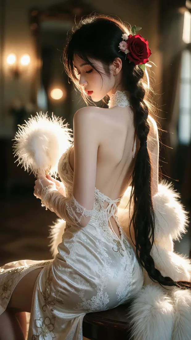 旗袍美女手机壁纸｜复古暖光背景图片 - 露背白裙红玫瑰「哲风壁纸」