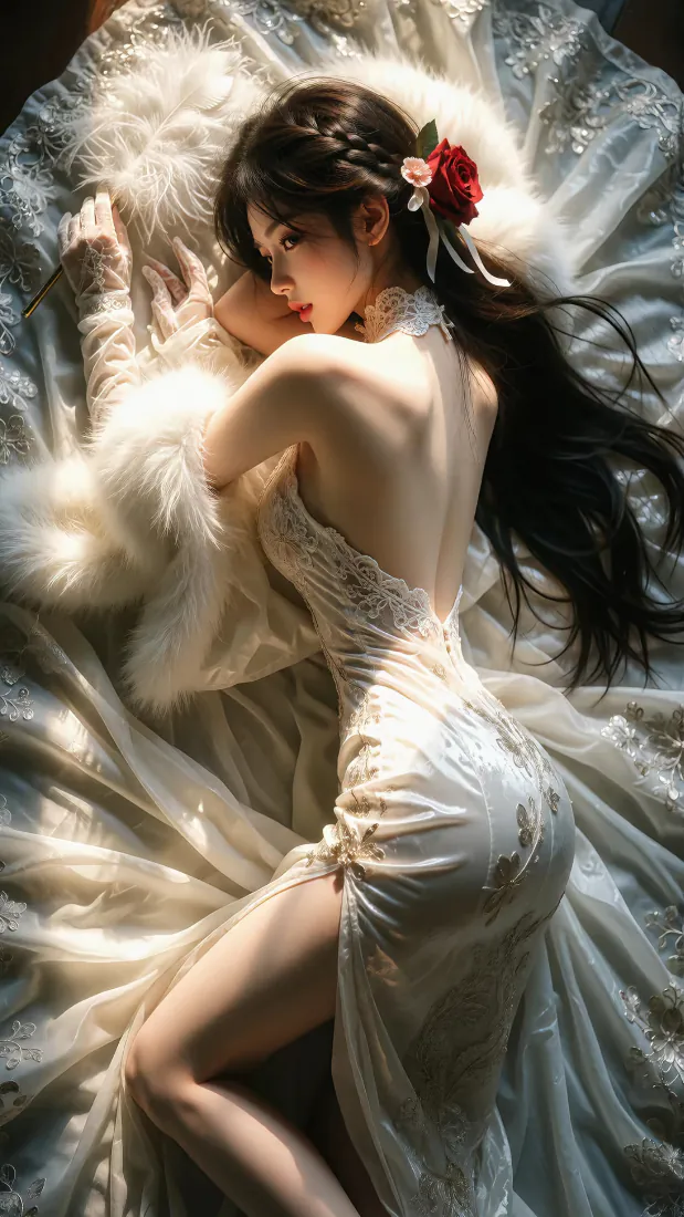 露背婚纱美女手机壁纸｜背景图片 - 红玫瑰黑长发氛围感写真「哲风壁纸」