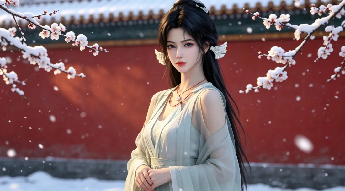 3k宋玉壁纸｜红墙雪景背景图片 - 青衫梅花古风国漫美人「哲风壁纸」