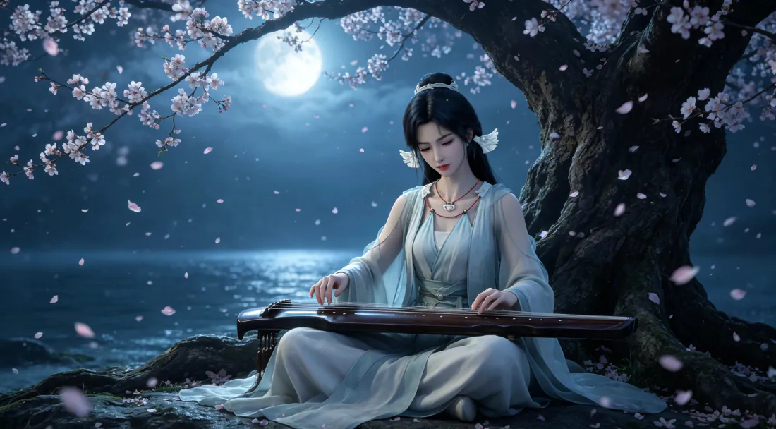 3k宋玉壁纸｜月夜抚琴背景图片 - 花树海边古风仙侠「哲风壁纸」
