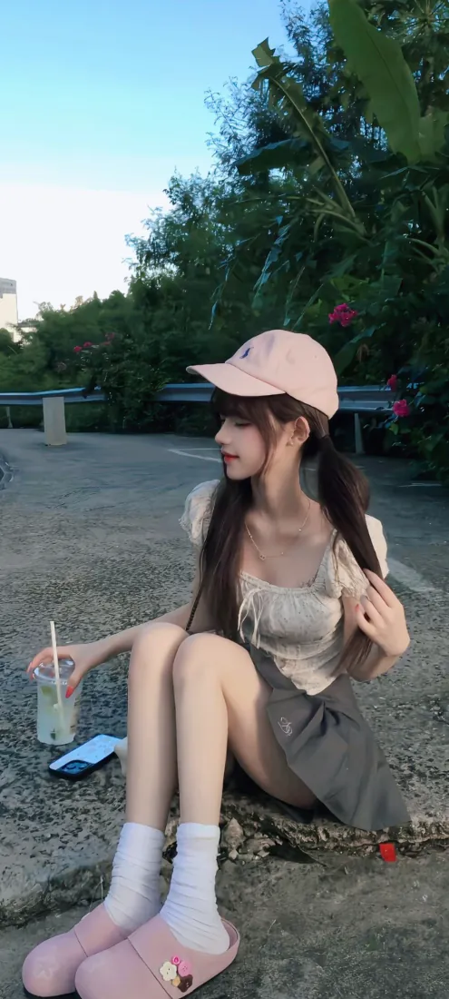 粉帽少女户外路边休憩清新穿搭背景图片 - 夏日少女感写真「哲风壁纸」
