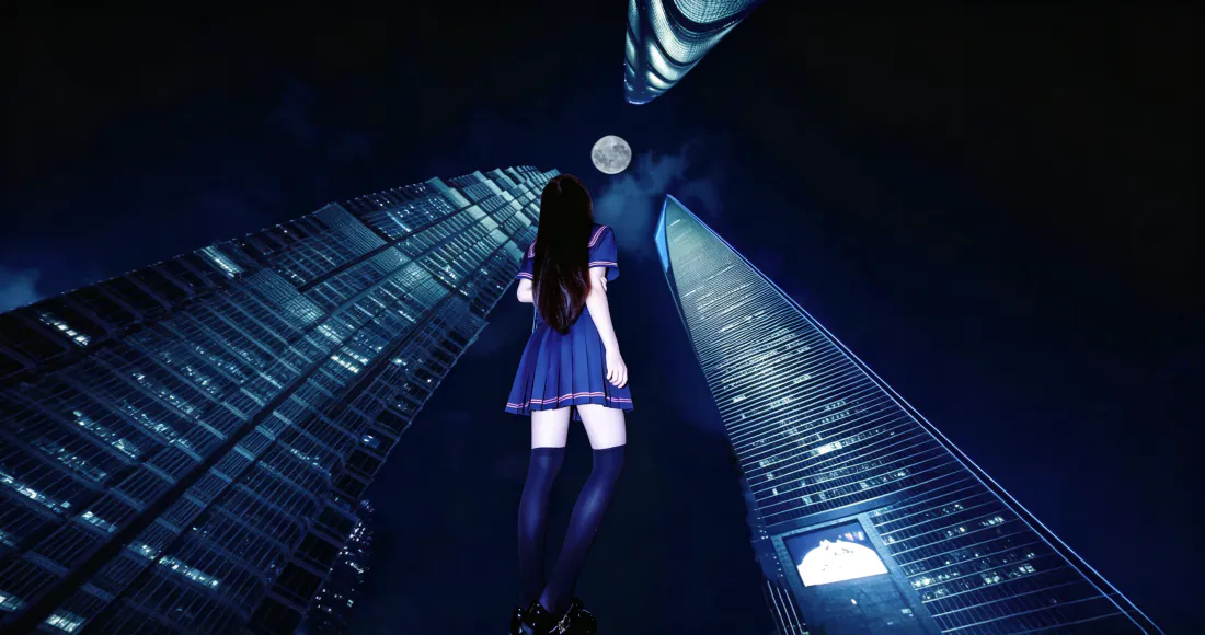 3k蓝裙少女壁纸｜赛博都市夜景背景图片 - 高楼月夜「哲风壁纸」
