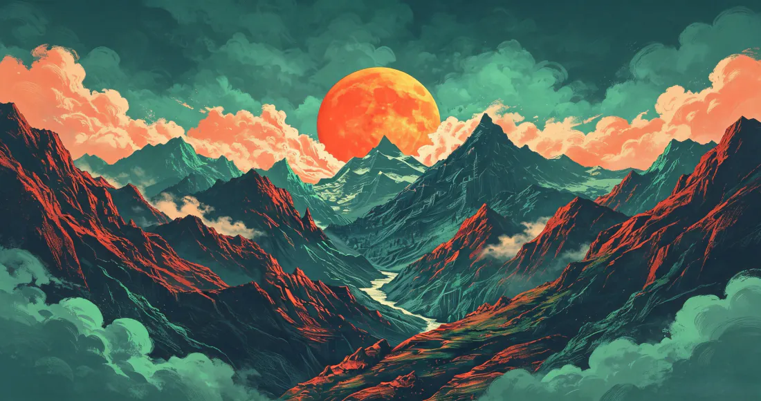 3k山川日落壁纸｜云海插画背景图片 - 青绿色复古风景「哲风壁纸」