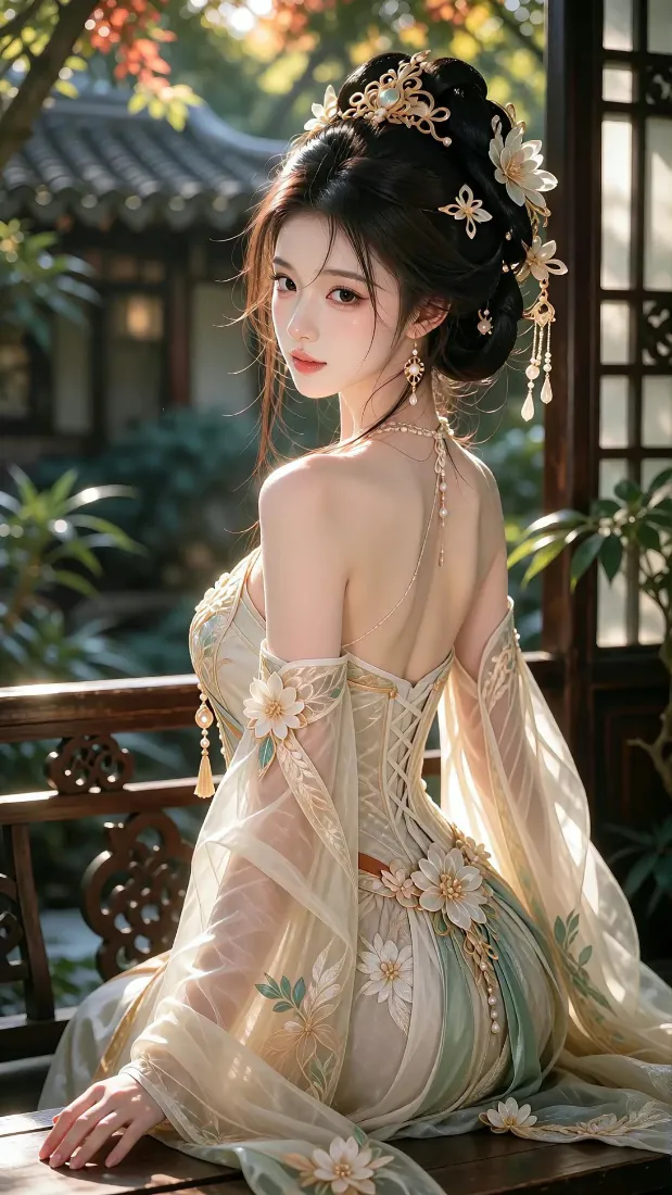 古风汉服美人手机壁纸｜园林背景图片 - 露背薄纱古装「哲风壁纸」