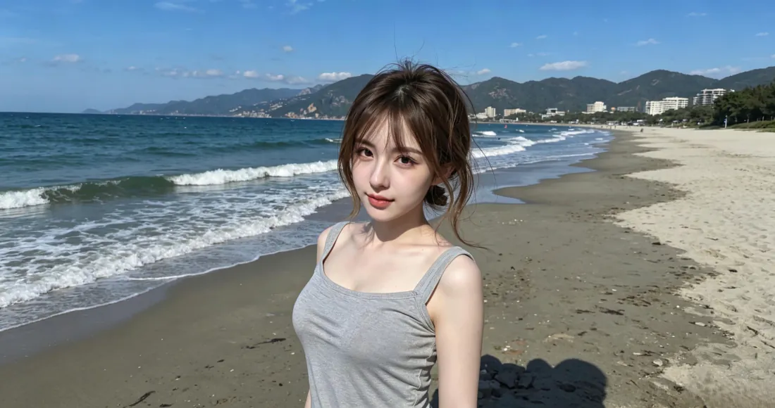 3k海边清纯少女壁纸｜海滩背景图片 - 夏日吊带人像「哲风壁纸」