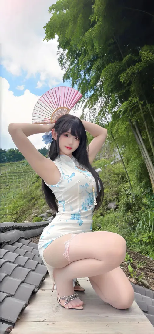 旗袍美女手机壁纸｜户外背景图片 - 折扇旗袍美女「哲风壁纸」