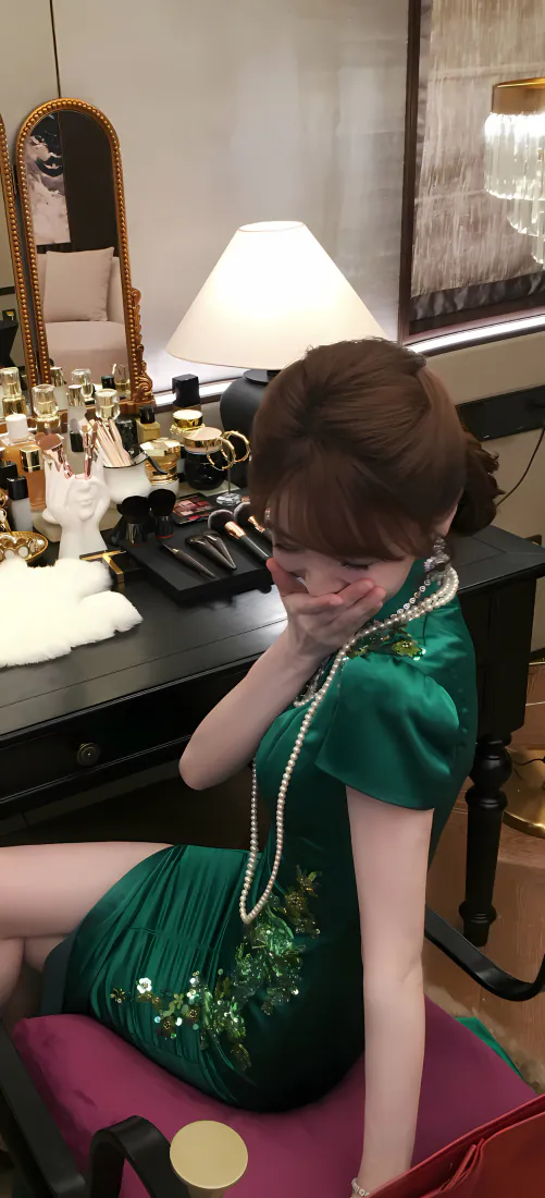 田曦薇手机壁纸｜绿色旗袍背景图片 - 新中式复古盘发写真「哲风壁纸」