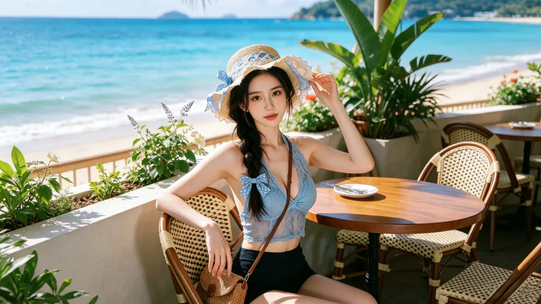 3k海边度假美女壁纸｜夏日沙滩背景图片 - 草帽泳装露台海景「哲风壁纸」