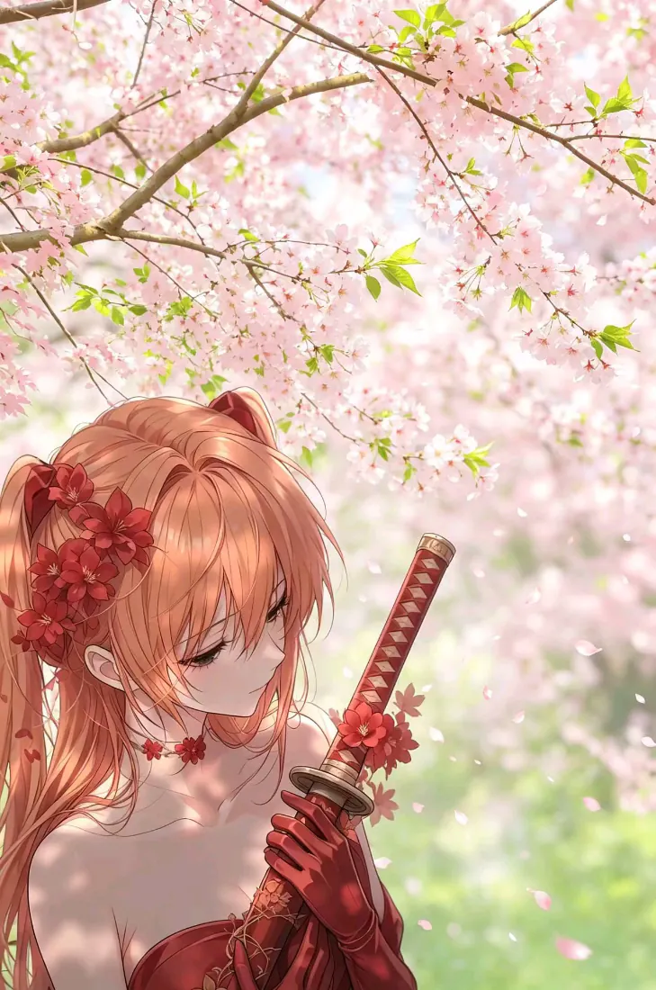 明日香手机壁纸｜樱花武士少女背景图片 - 红发持刀「哲风壁纸」