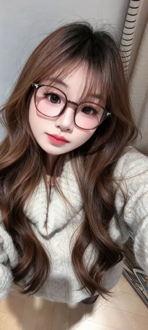眼镜甜妹手机壁纸｜白毛衣居家背景图片 - 棕长卷发温柔少女「哲风壁纸」