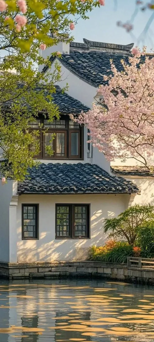 江南水乡民居手机壁纸｜白墙黑瓦背景图片 - 春日樱花水岸「哲风壁纸」