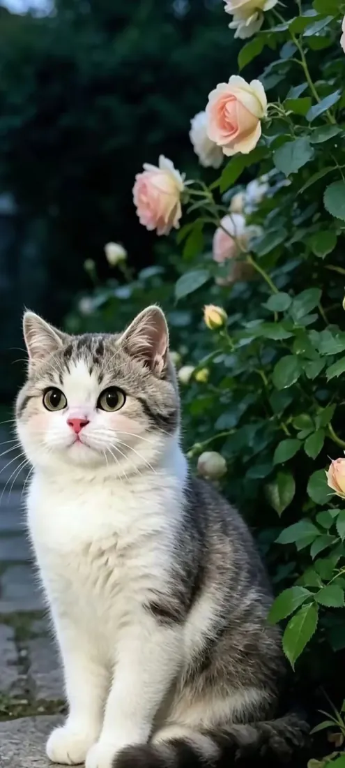 美短猫手机壁纸｜蔷薇花丛背景图片 - 治愈户外猫咪写真「哲风壁纸」