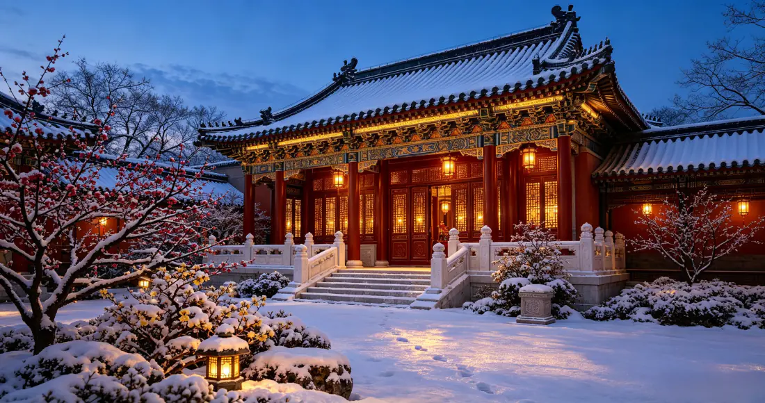 3k中式古典宫殿雪景｜背景图片 - 冬夜庭院暖灯古建「哲风壁纸」