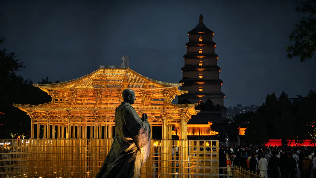 3k大雁塔壁纸｜玄奘雕像背景图片 - 西安夜景仿唐古建「哲风壁纸」