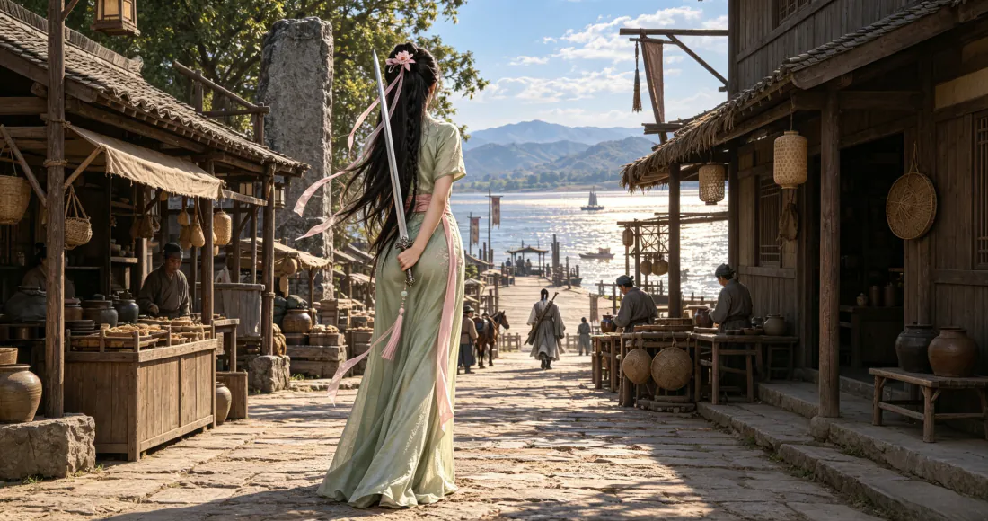 3k古风侠女壁纸｜江南古镇街景 - 绿裙持剑背影「哲风壁纸」