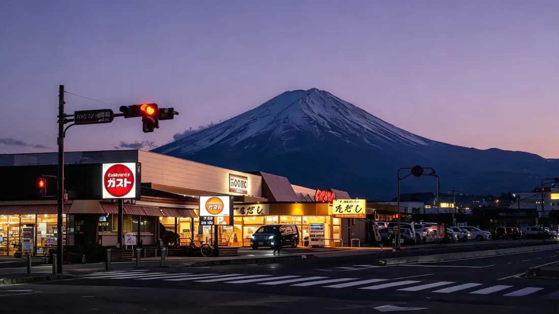 3k富士山壁纸｜日本小镇街景 - 黄昏路口商店灯光「哲风壁纸」