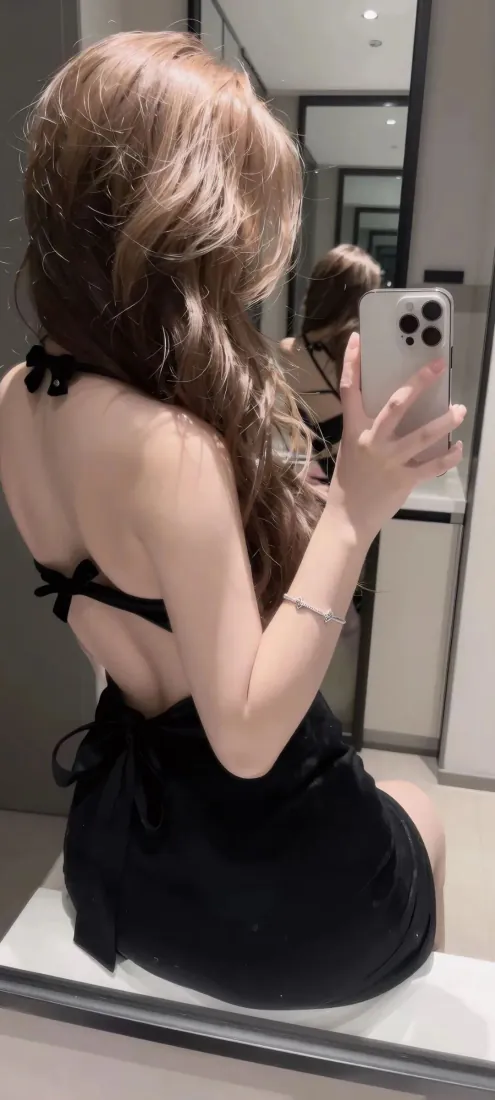 露背美女手机壁纸｜黑色挂脖裙背景图片 - 对镜自拍长发背影「哲风壁纸」