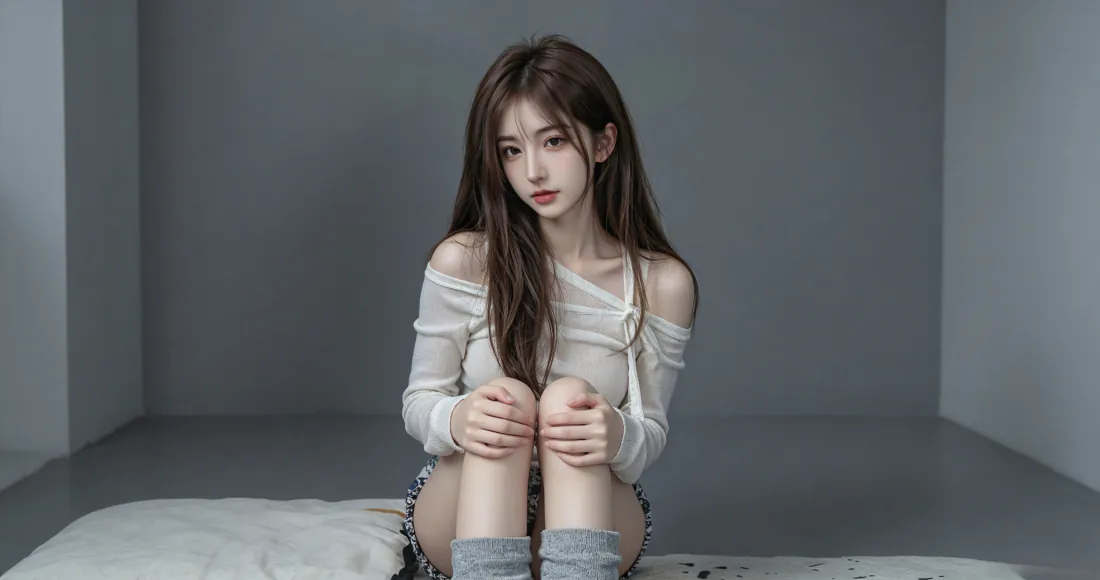 3k清冷长发露肩少女壁纸｜灰调简约背景 - 纯欲氛围感写真「哲风壁纸」